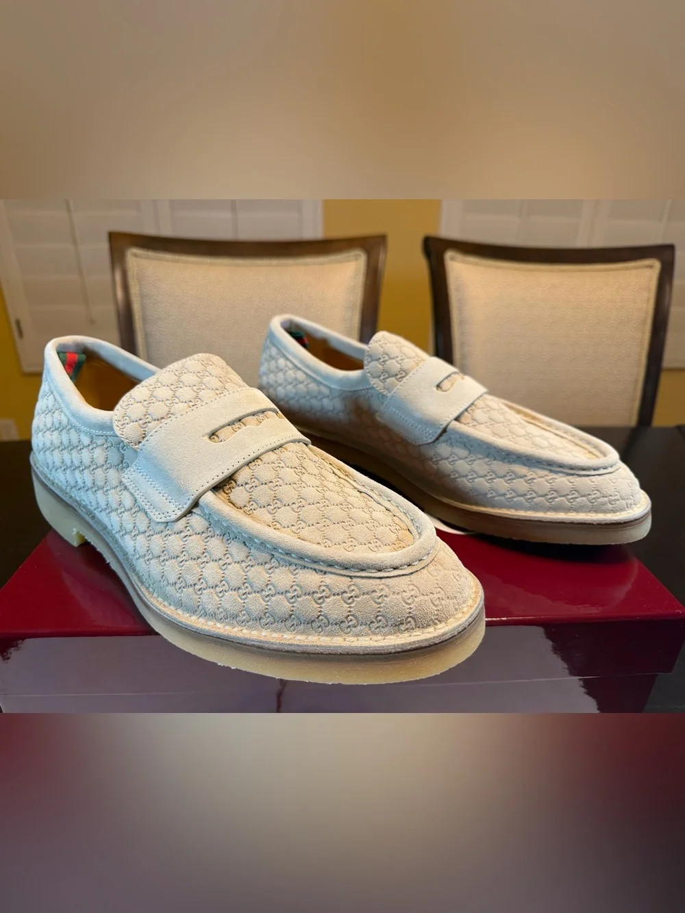 New Authentic Gucci GG Logo Suede Loafers Cream UK 11.5 / US 12